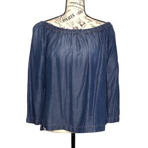 Cloth & Stone SMALL Off Shoulder Elastic Split Sleeve Side Chambray Denim Top